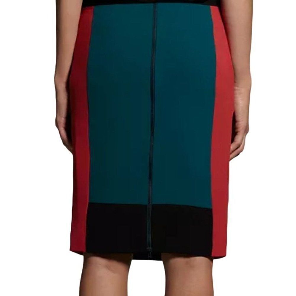 Narciso Rodriguez Pencil Skirt 16 Teal Rust Color Block 2 Way Zip Slit Edgy